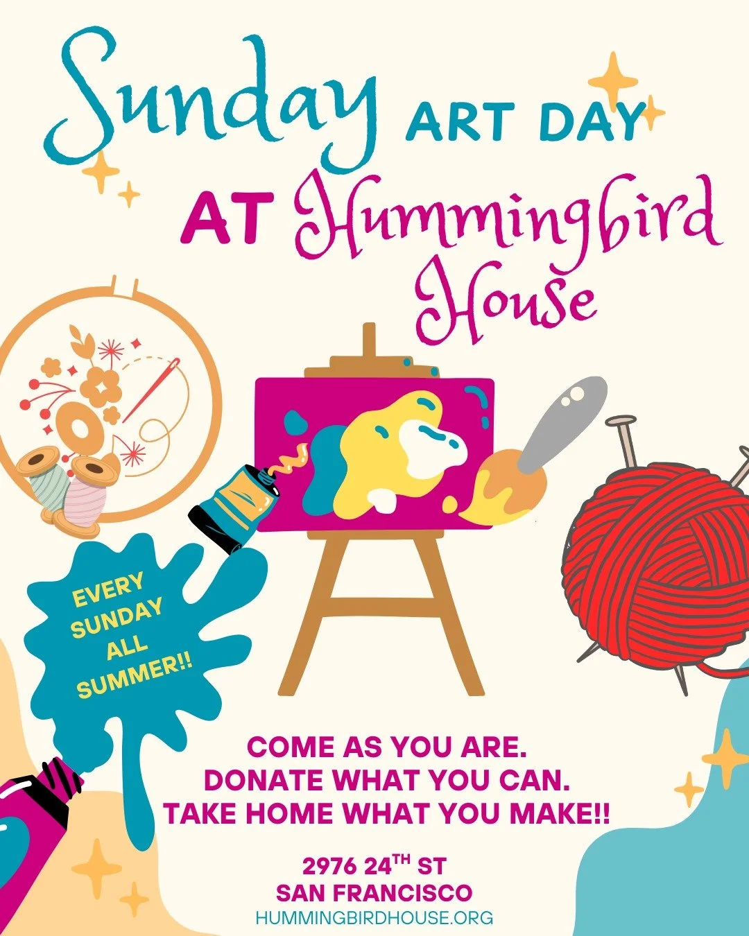 Summer is almost here!! That means Hummingbird House will host Sunday Art Day every week! Come and enjoy a buffet of art materials, and you can keep your creations.

We are a 501(c)(3) non-profit, so Sunday Art days are donation-based with no fixed a
