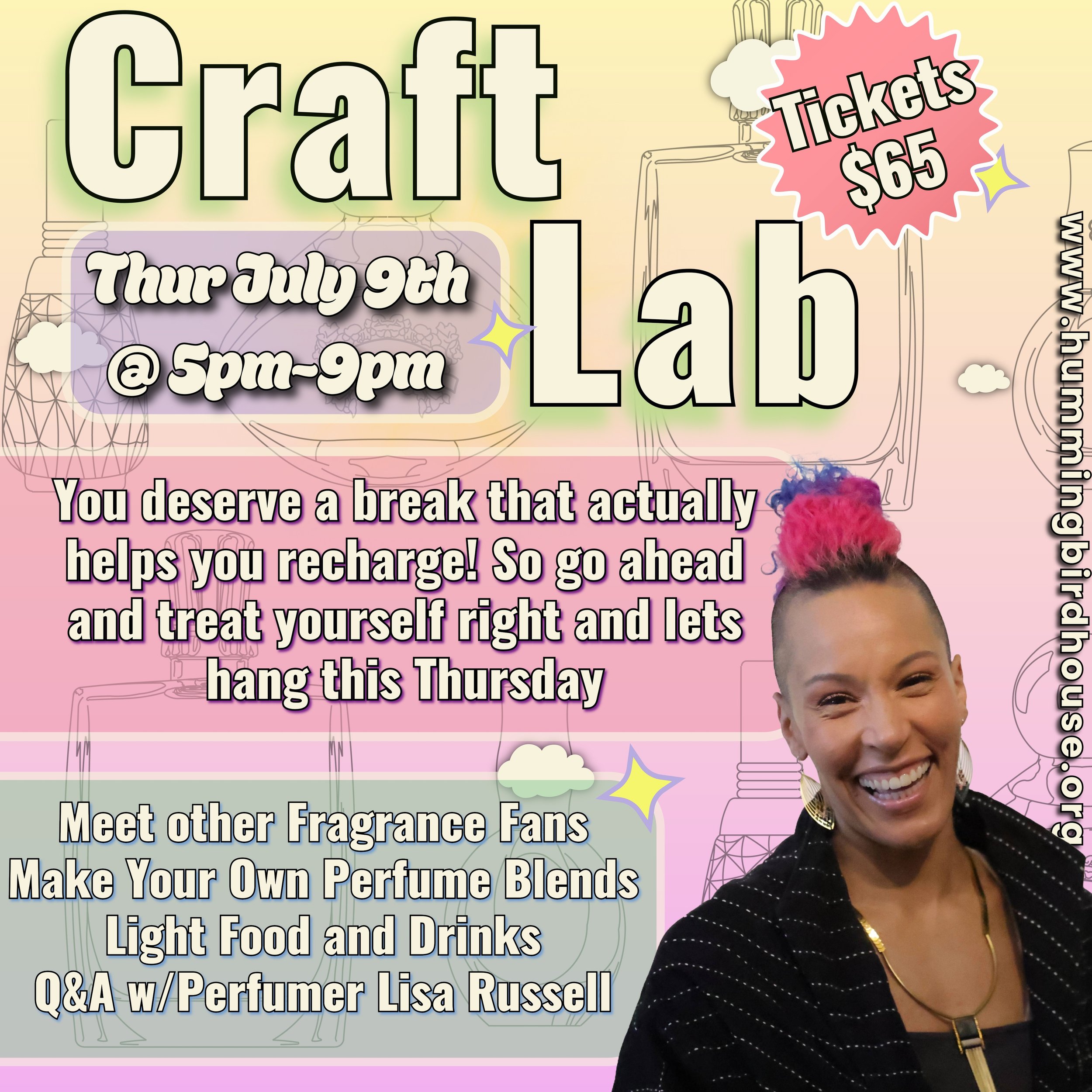 Perfect for the low-key chill you need. All perfume materials provided, along with fruity and gourmand formulas to get you started. Come make your own creations with other fragrance fans. Free-flow style to make and create at your own pace. 

We'll a