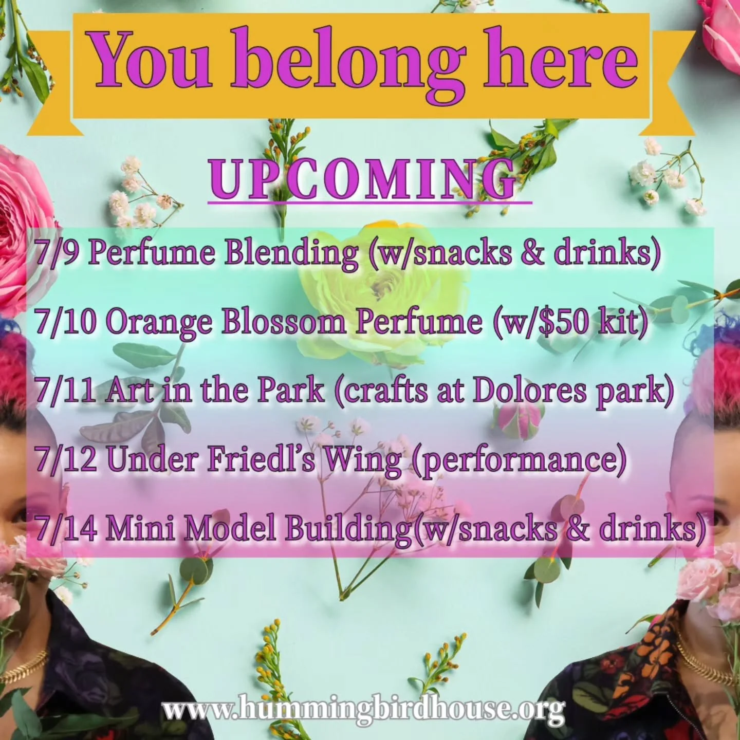 I'm so excited for all the things happening this week and next! 

Hope you can join one of our events and get to see why HBH is exactly where you need to be.

www.hummingbirdhouse.org 

#crafts #perfumelovers #crochet #theater #sanfrancisco