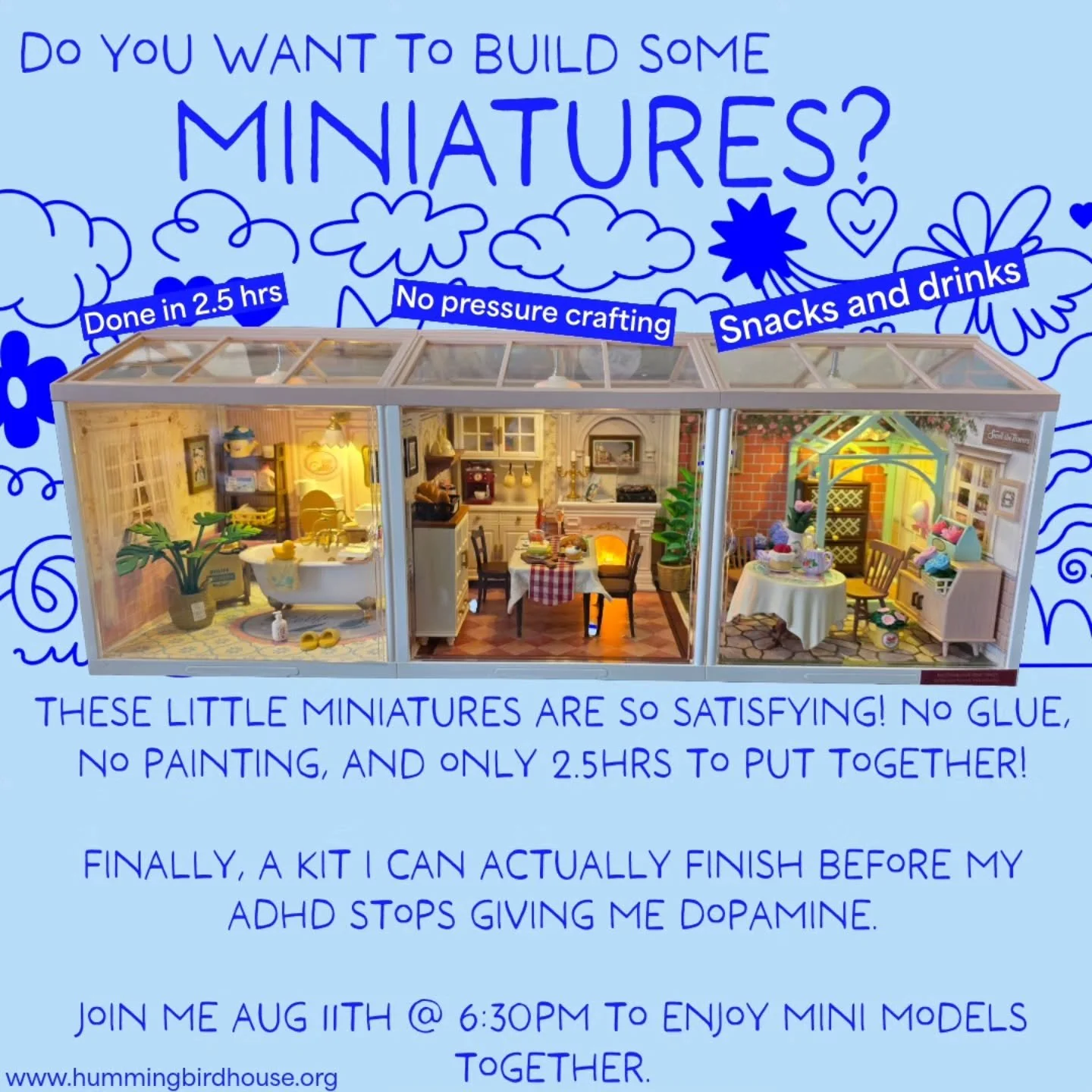 Who's down to build some Rolife models together? These miniature models are the perfect bite-sized activity that gives my brain a break and a nice hit of dopamine 😆

Everyone gets to pick their own kit; we provide snacks and drinks, and there are ev