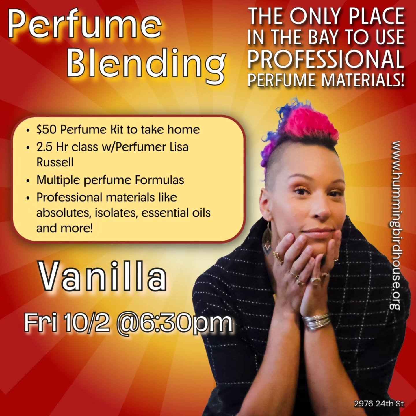 Fall is here, and it's the perfect time to treat yourself to a fall fragrance!

Get a hands-on blending experience and learn how to make your own custom scent.

Sign up today before classes fill up.

www.hummingbirdhouse.org