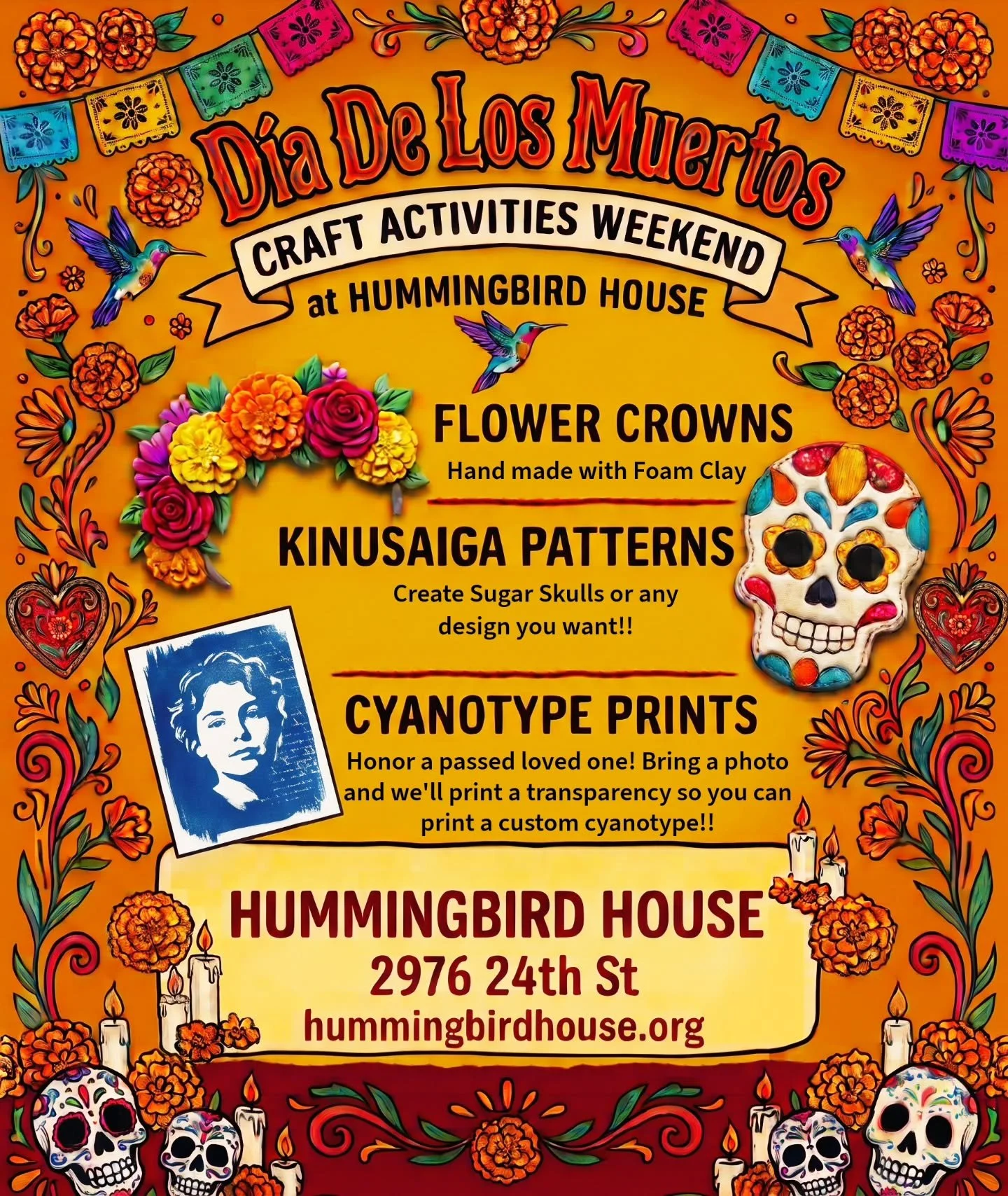 Celebrate D&iacute;a de Los Muertos in the heart of the Calle 24 Latino Cultural District with a weekend of hands-on community art and remembrance at Hummingbird House! 

Join us as we honor loved ones and explore contemporary folk art techniques acr