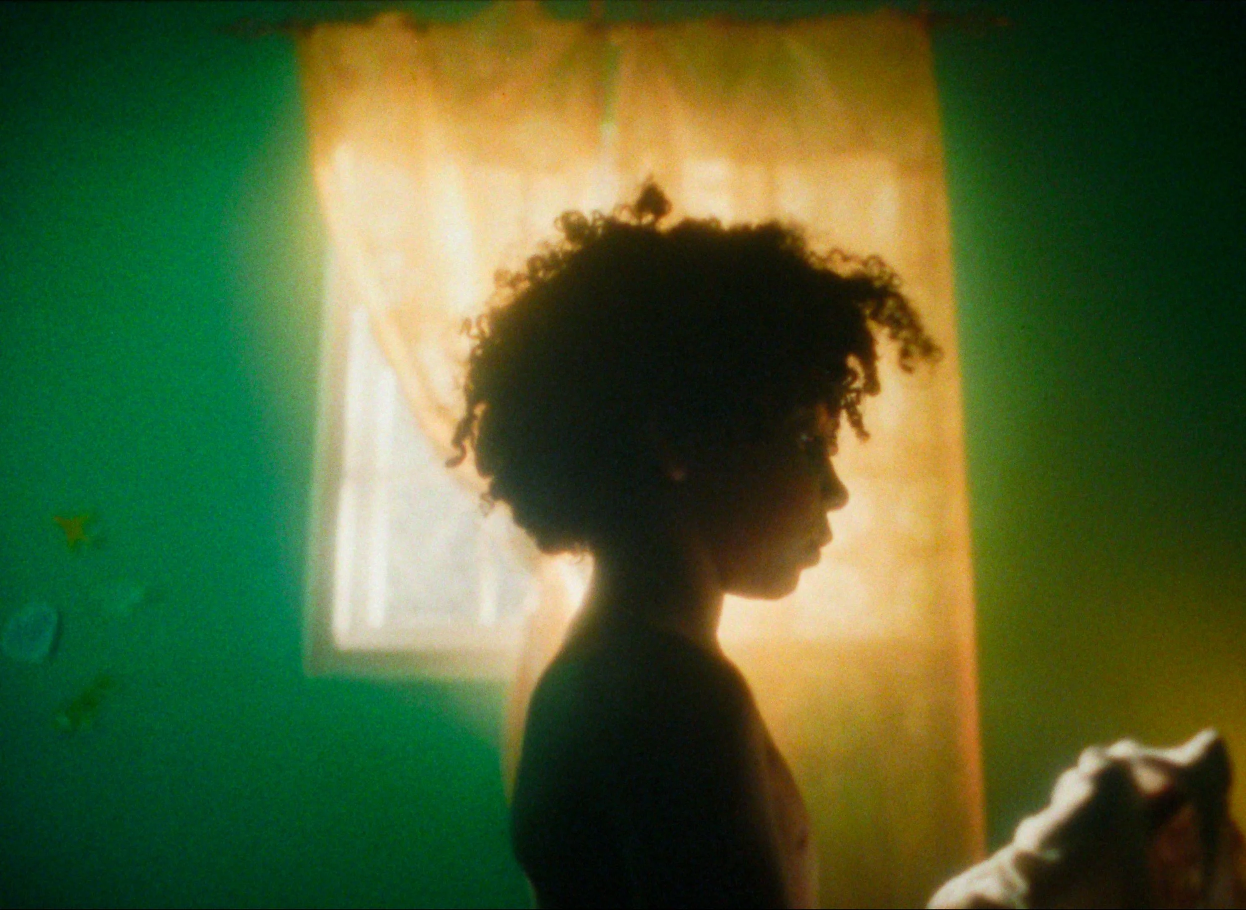 Silhouette of a young boy with curly hair standing inside a room with green walls and a window with curtains in the background.