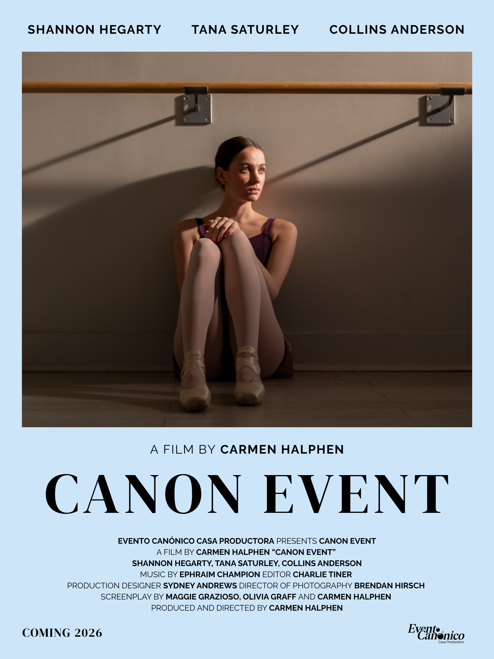 A promotional poster for the film 'Canon Event' directed by Carmen Halphen, featuring a young woman sitting on the floor with her back against the wall, wearing ballet shoes and a leotard, illuminated by warm lighting. The poster lists the cast, crew
