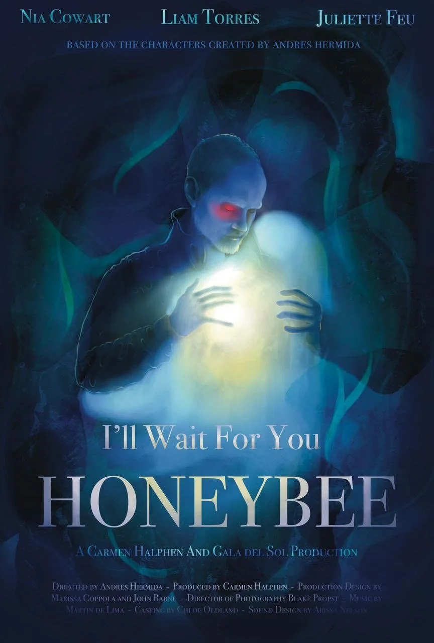 A promotional poster for the play 'I'll Wait For You Honeybee,' featuring a digital drawing of a man with a glowing orb in his hands and glowing red eyes, surrounded by shadowy figures. The poster lists the cast, crew, and title.