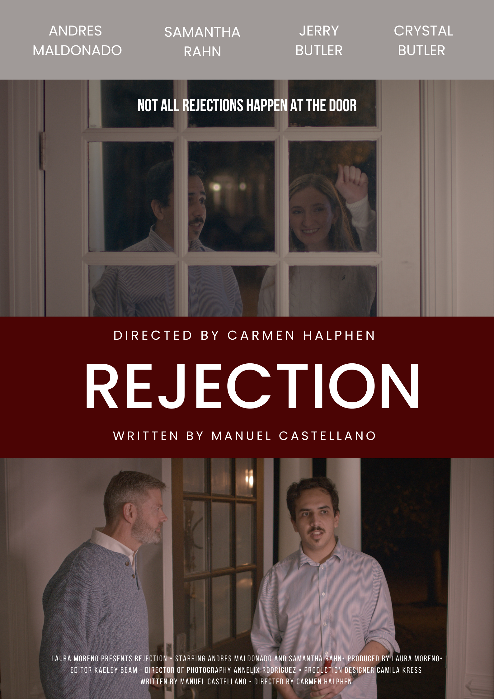 A poster for a film titled 'Rejection' featuring two scenes: one with a couple looking out a window with the woman smiling and waving, and another with two men in conversation inside a house at night. The poster includes names of cast and crew.