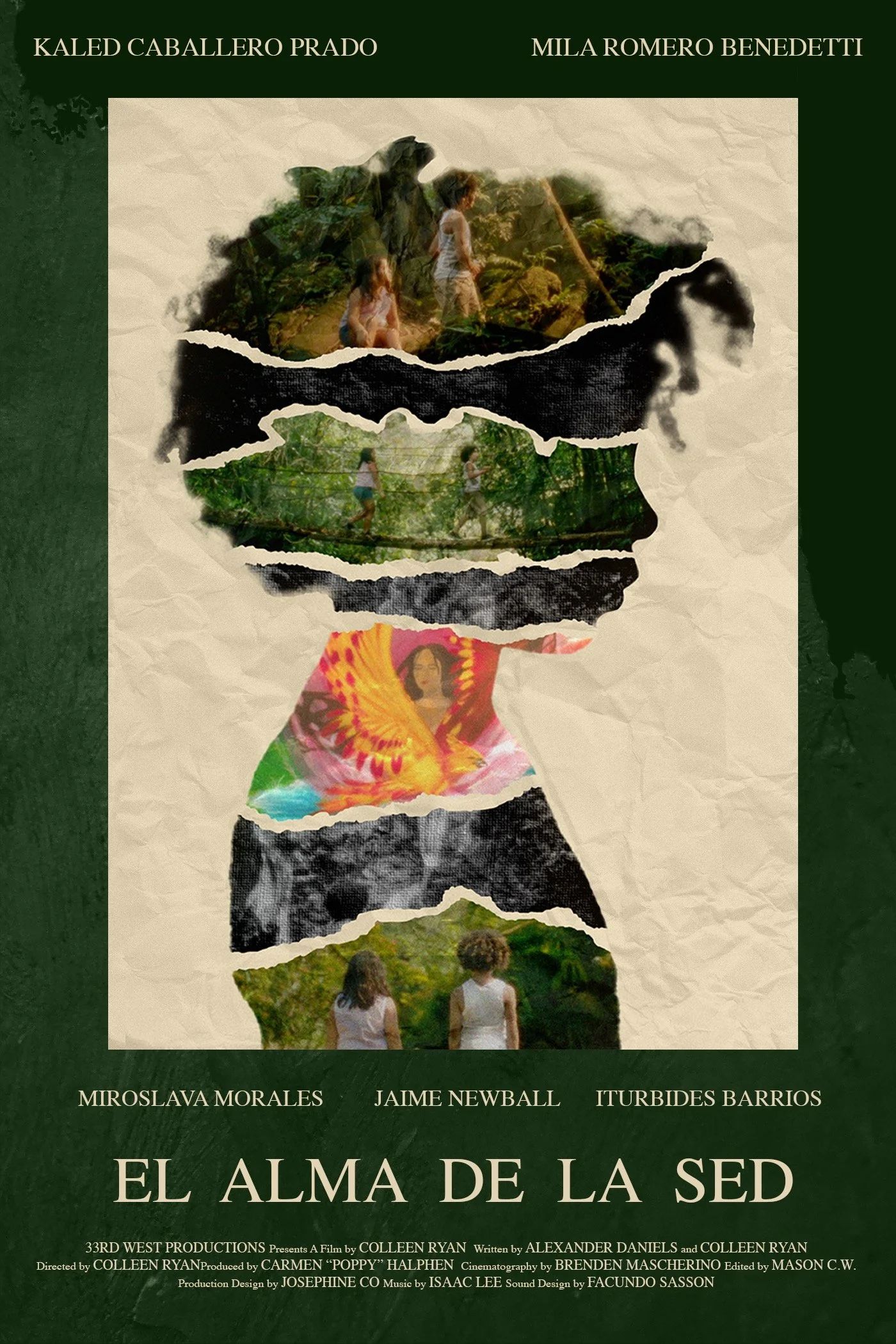 A movie poster for 'El Alma de la Sed' featuring torn paper pieces forming a silhouette of a woman, with scenes of nature, children, and a woman in colorful clothing inside the silhouette.