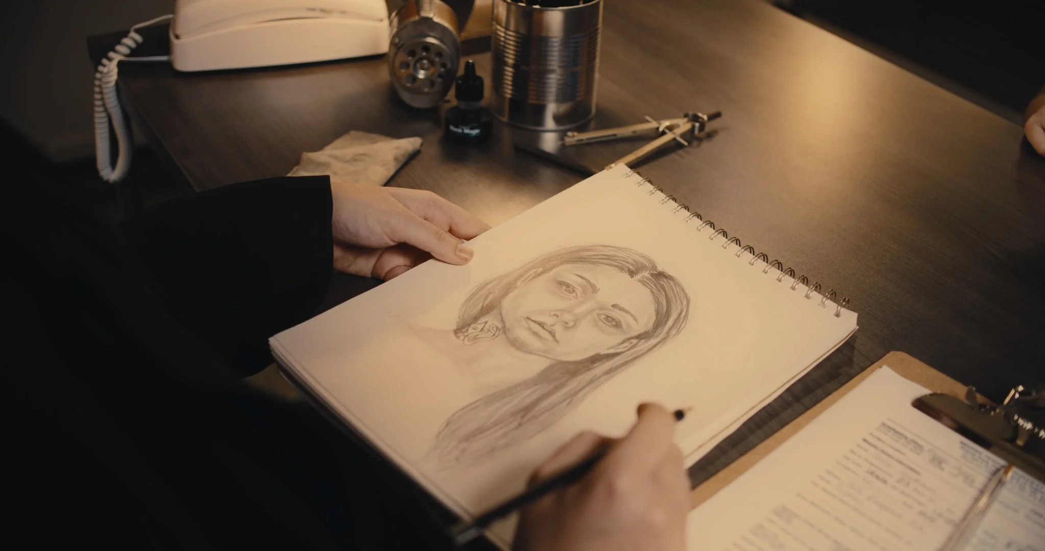 A person sketching a portrait of a woman in a spiral-bound sketchbook at a dark wooden desk, with art supplies and a telephone visible on the desk.