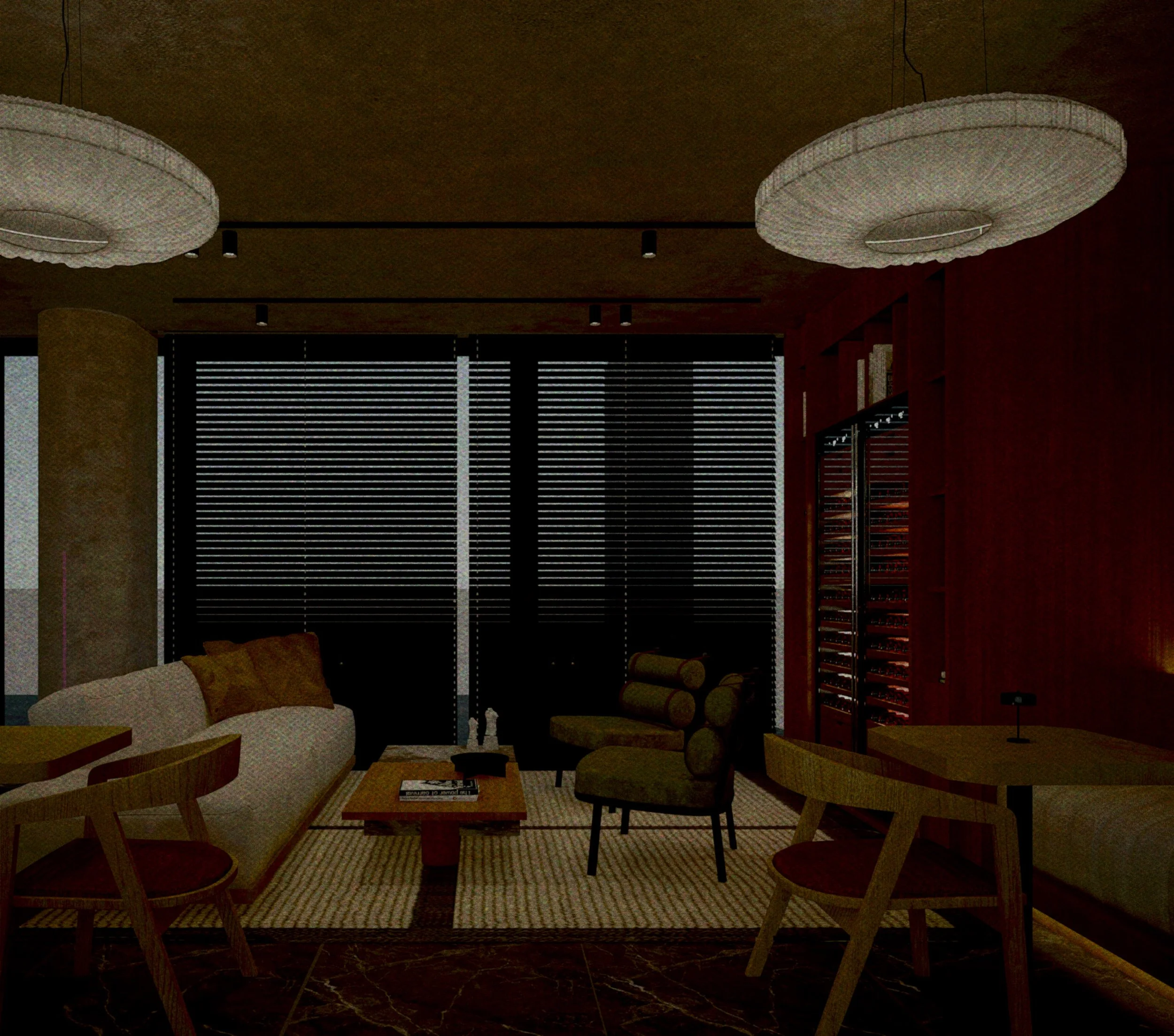 Interior of a modern living room with large windows covered by horizontal blinds, a white couch with brown cushions, wooden tables and chairs, a patterned rug, and a dark wooden wall with built-in shelves. Two large circular ceiling lights are visible.