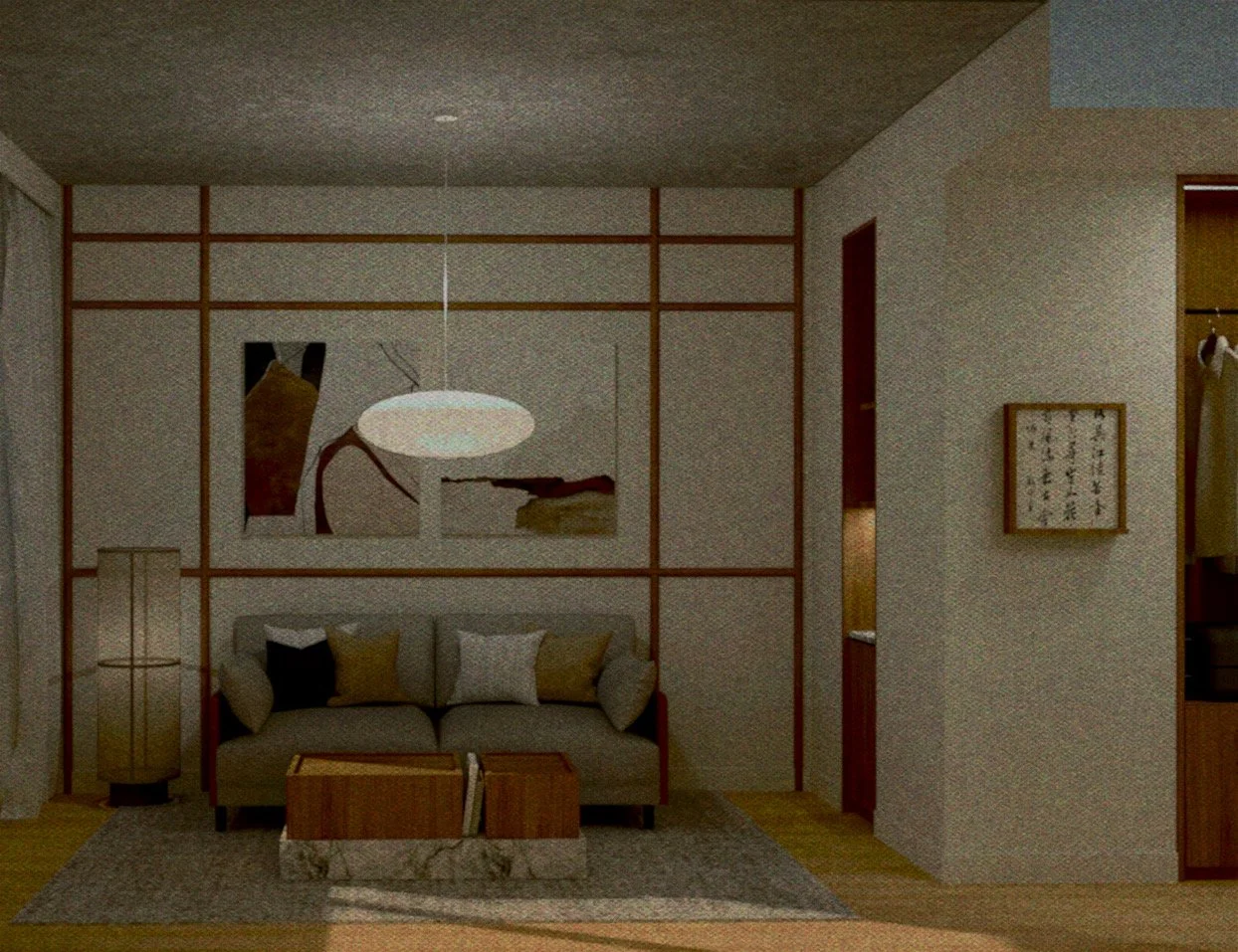Living room with a beige sofa, three pillows, a marble-topped coffee table, a floor lamp, and a wall hanging with abstract art, with wooden accents and a small rug.