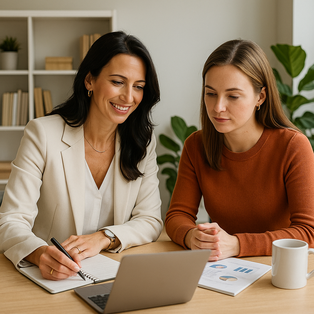 Business owner meeting with an AI consultant to develop a marketing, automation, and growth strategy.