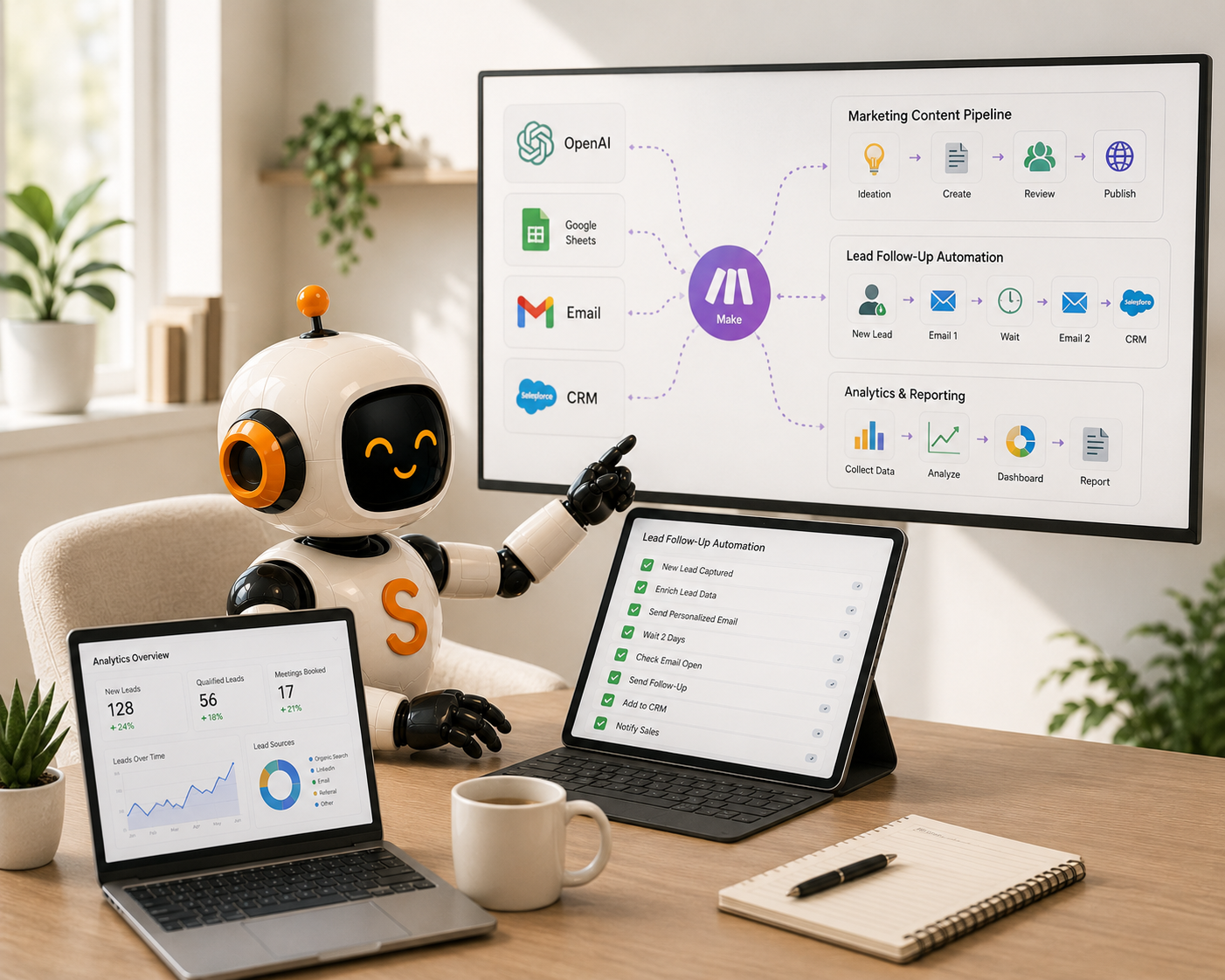 Custom AI automation workflow connecting OpenAI, CRM, email marketing, analytics, and business systems for a small business.