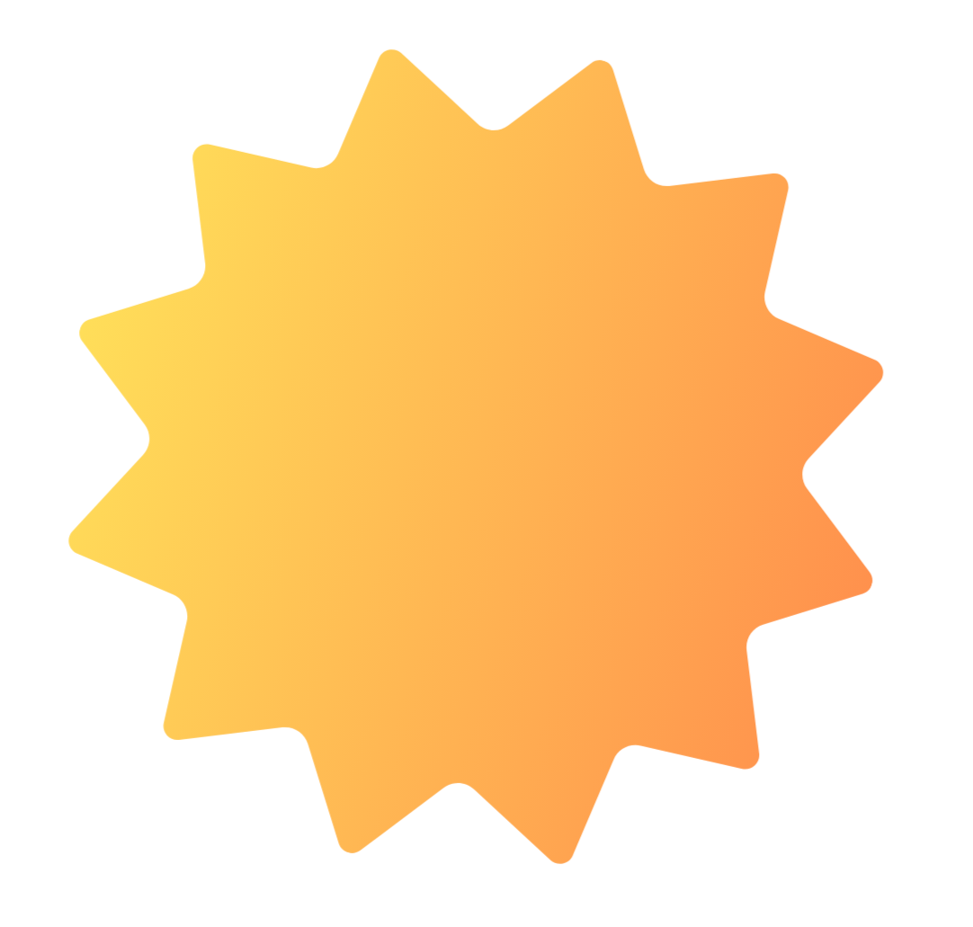 A starburst-shaped badge with a gradient color transition from yellow to orange, intended for promotional or advertising use.
