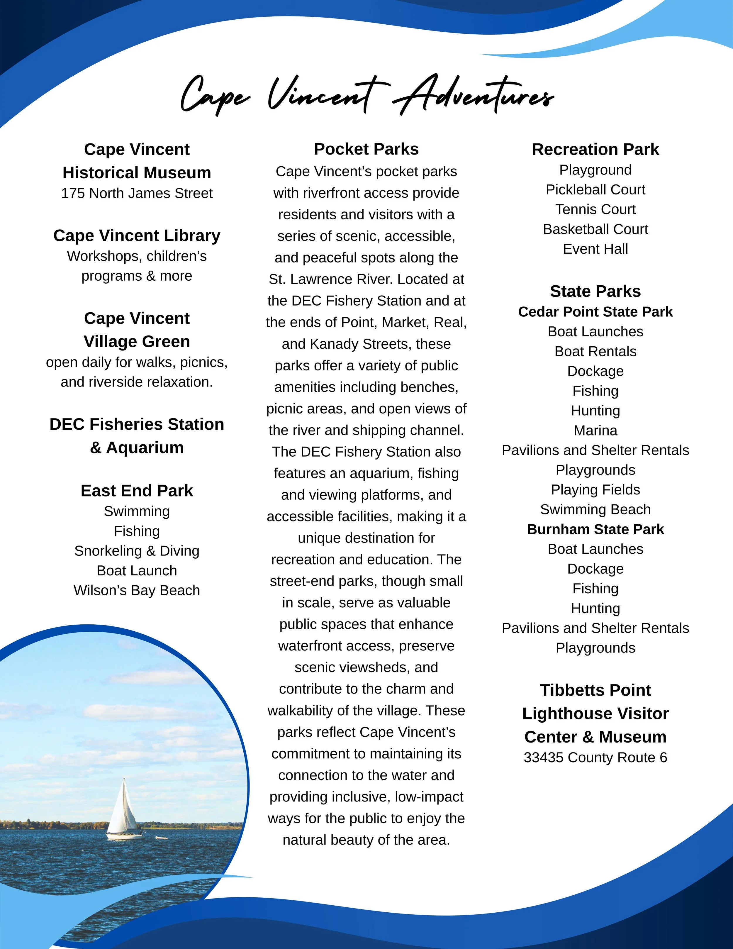 Informational poster about Cape Vincent Adventures, listing attractions like the historical museum, library, village green, several parks, and the lighthouse visitor center with a background of blue waves and a photo of a sailboat on water.