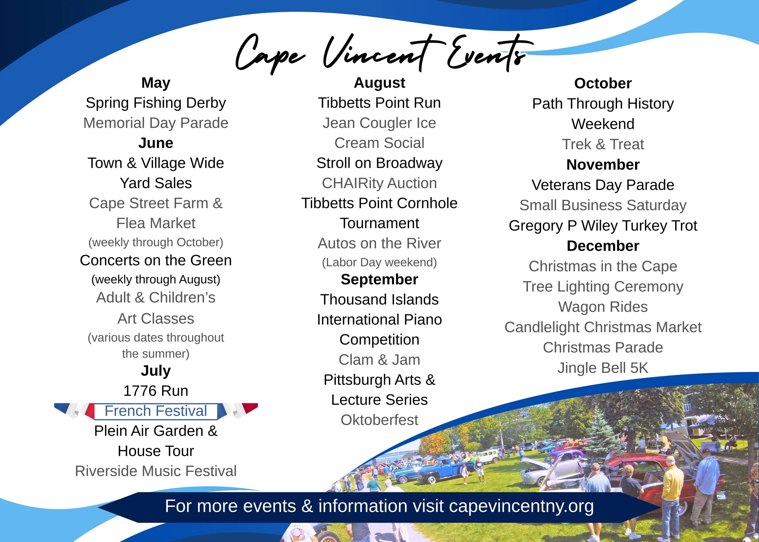 Schedule of events for Cape Vincent, including monthly festivals from May to December with activities like fishing derbies, parades, art classes, and holiday celebrations, accompanied by a photo of a car show at the bottom.