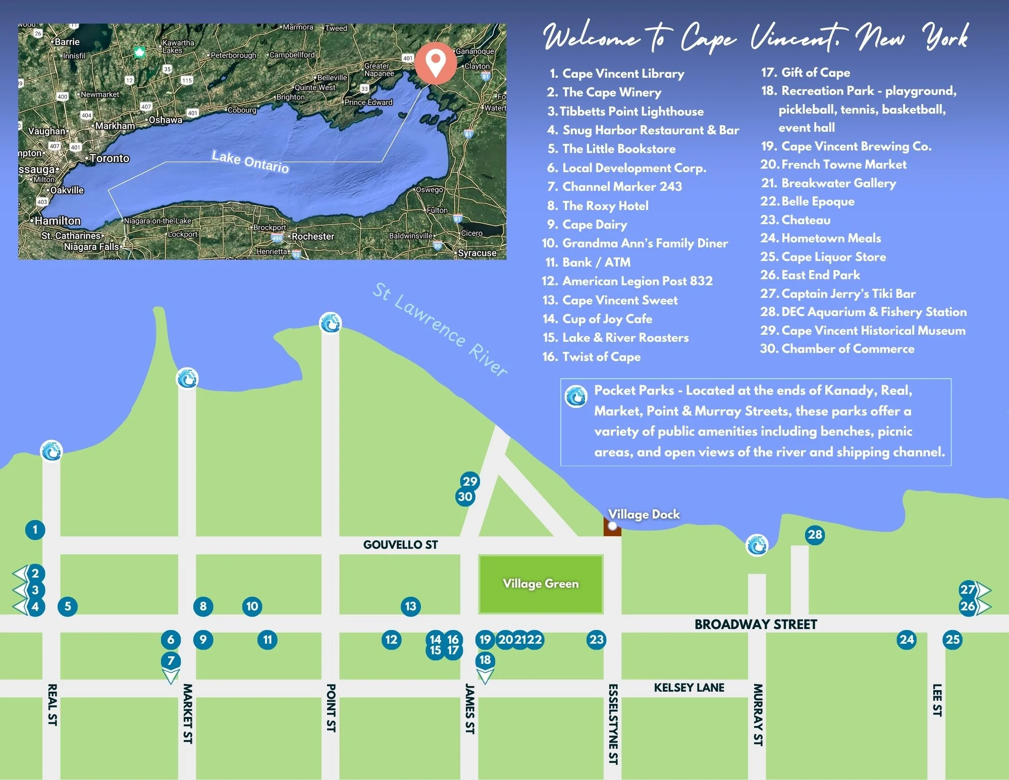 Map of Cape Vincent, New York, showing landmarks and points of interest along with a list of 30 locations including restaurants, parks, shops, and cultural sites, as well as streets and a lake and river surrounding the town.