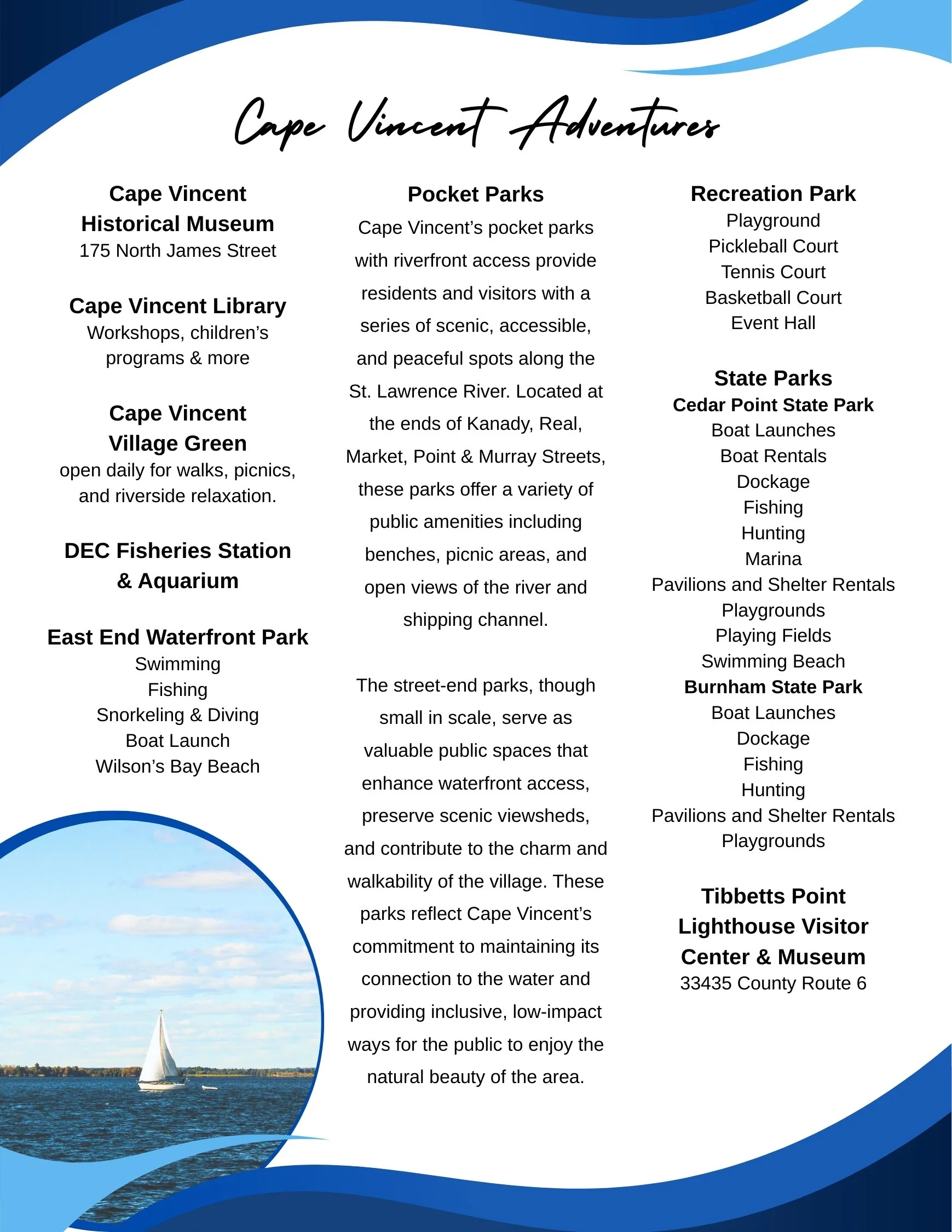 Information board about Cape Vincent Adventures, listing local attractions including the Historical Museum, Library, Village Green, Fisheries Station & Aquarium, East End Waterfront Park, Pocket Parks, Recreation Park, State Parks, and the Lighthouse Visitor Center with a picture of a sailboat on the water.