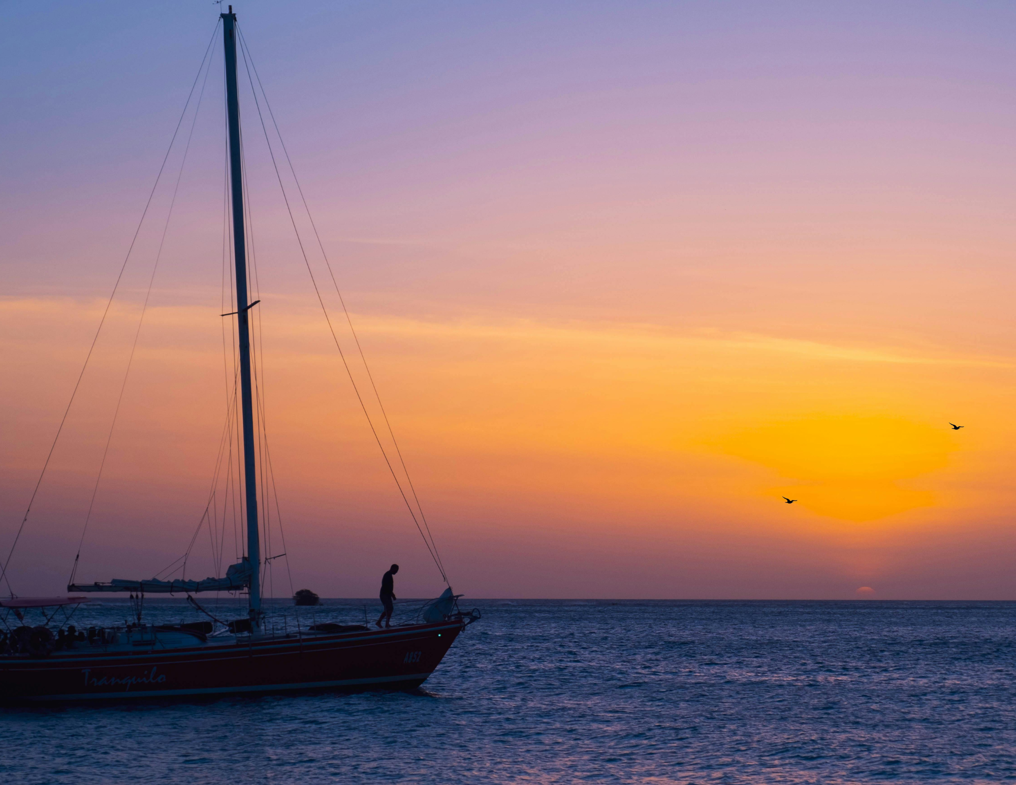A sailboat with a person standing on the bow during a colorful sunset, with the sun near the horizon, a few birds flying in the sky, and calm Lake Ontario waters Cape Vincent New York