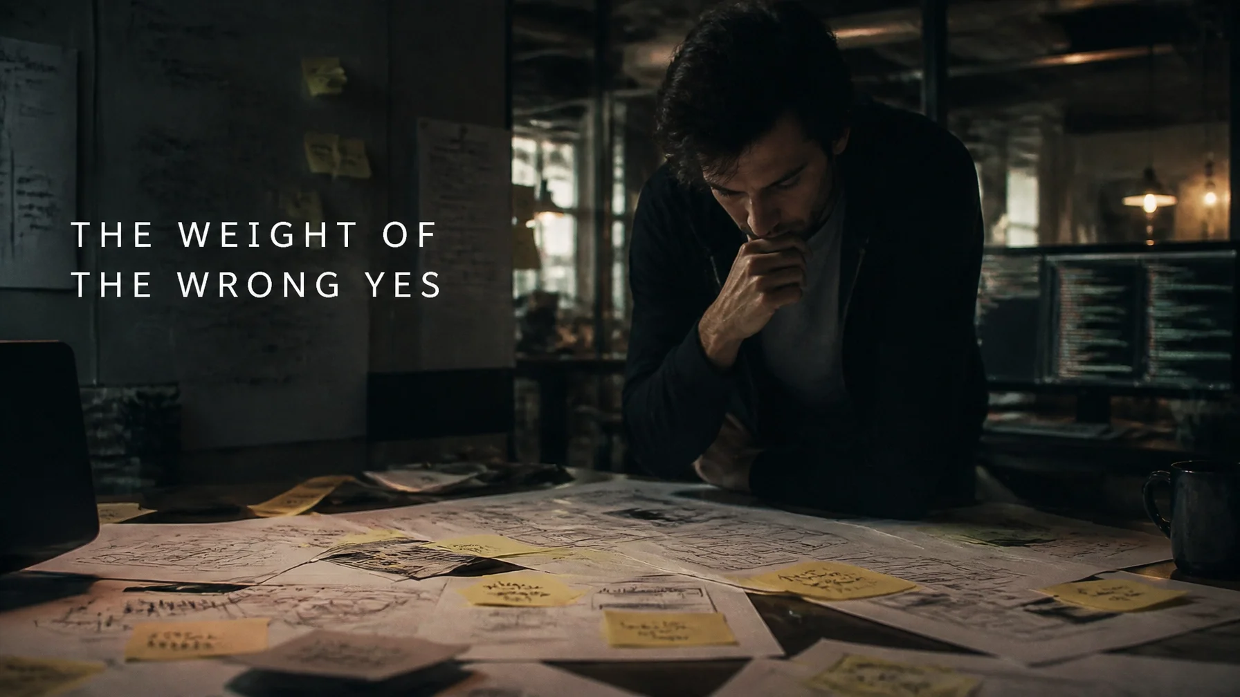 A founder in a dimly lit office leaning over a desk covered in notes, looking weighed down. Cinematic startup documentary style with the text overlay "THE WEIGHT OF THE WRONG YES"