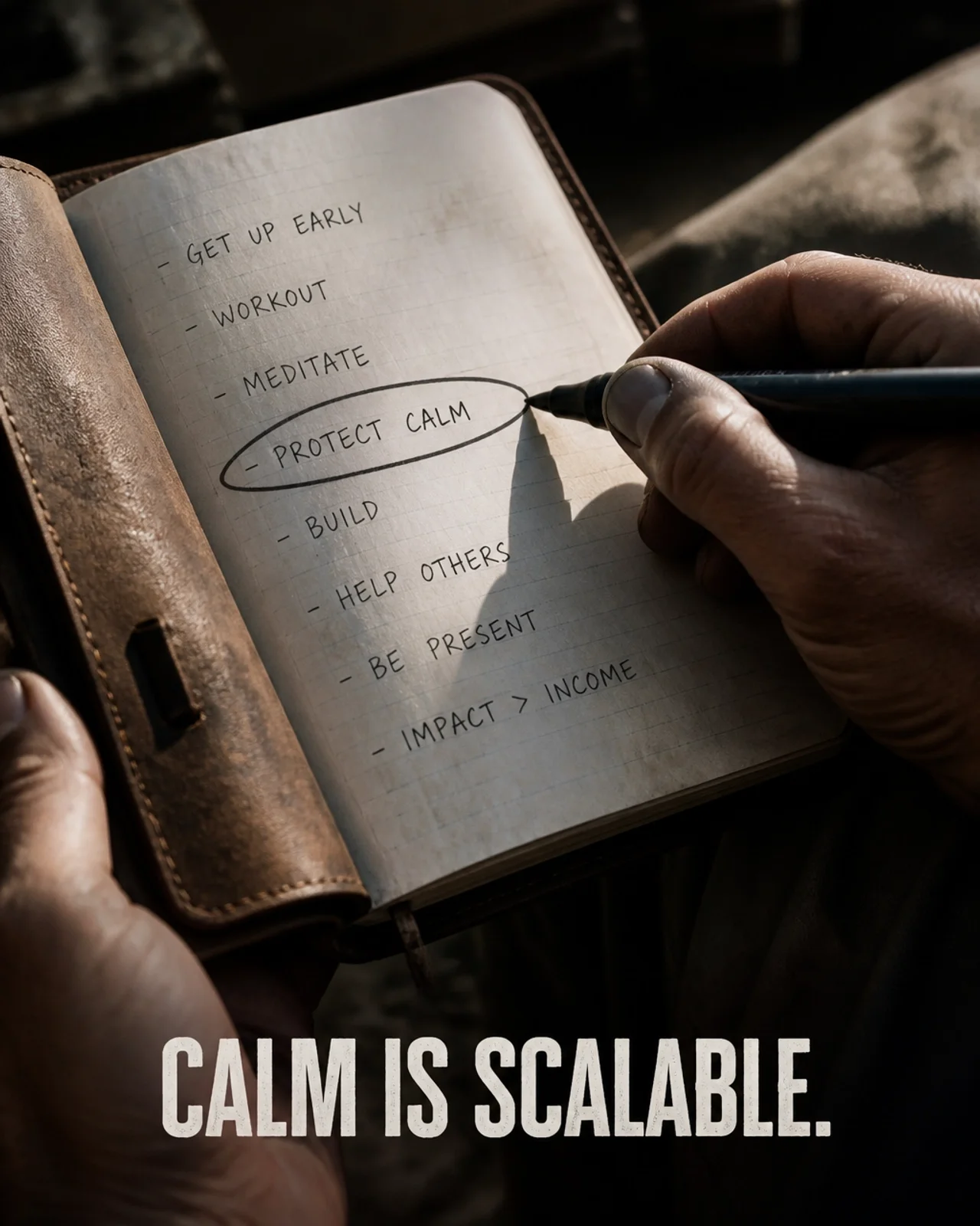 A hand marking a priority on a list in a notebook