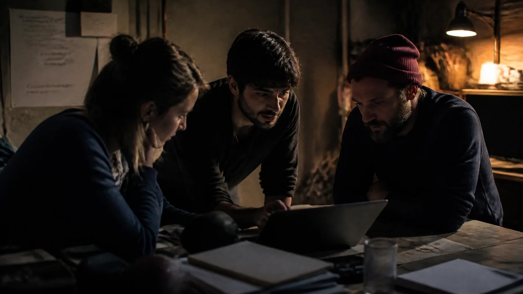 A team in a deep, focused huddle in a dimly lit office, authentic and grainy documentary aesthetic.