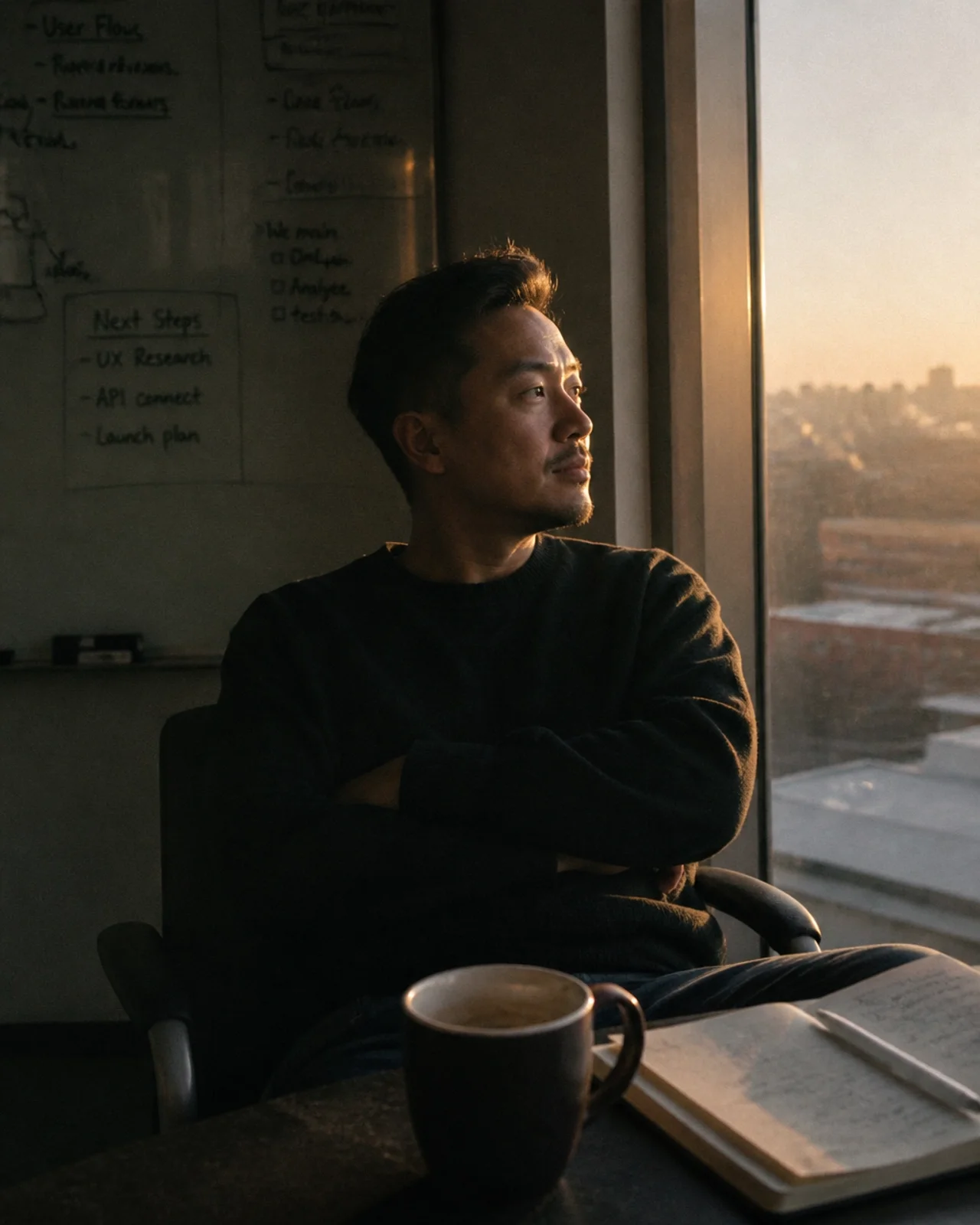 A leader sitting quietly, reflecting on a plan during golden hour