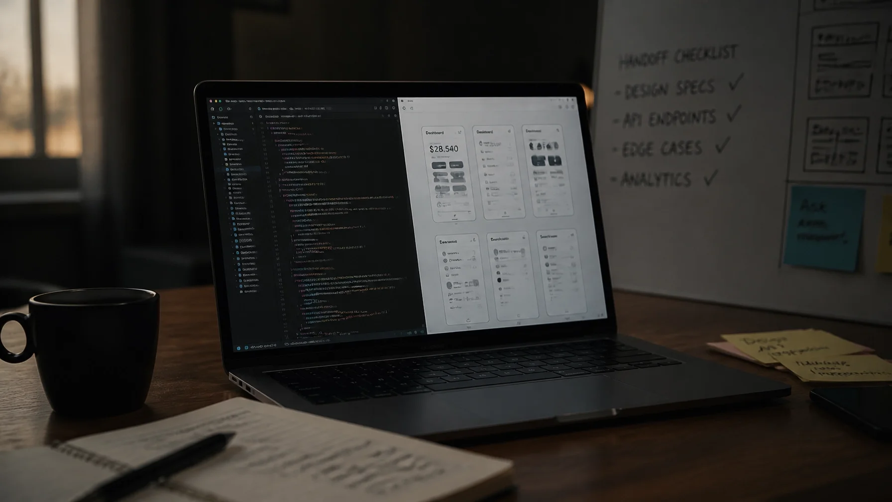 An open laptop on a wooden desk displaying complex code and wireframes