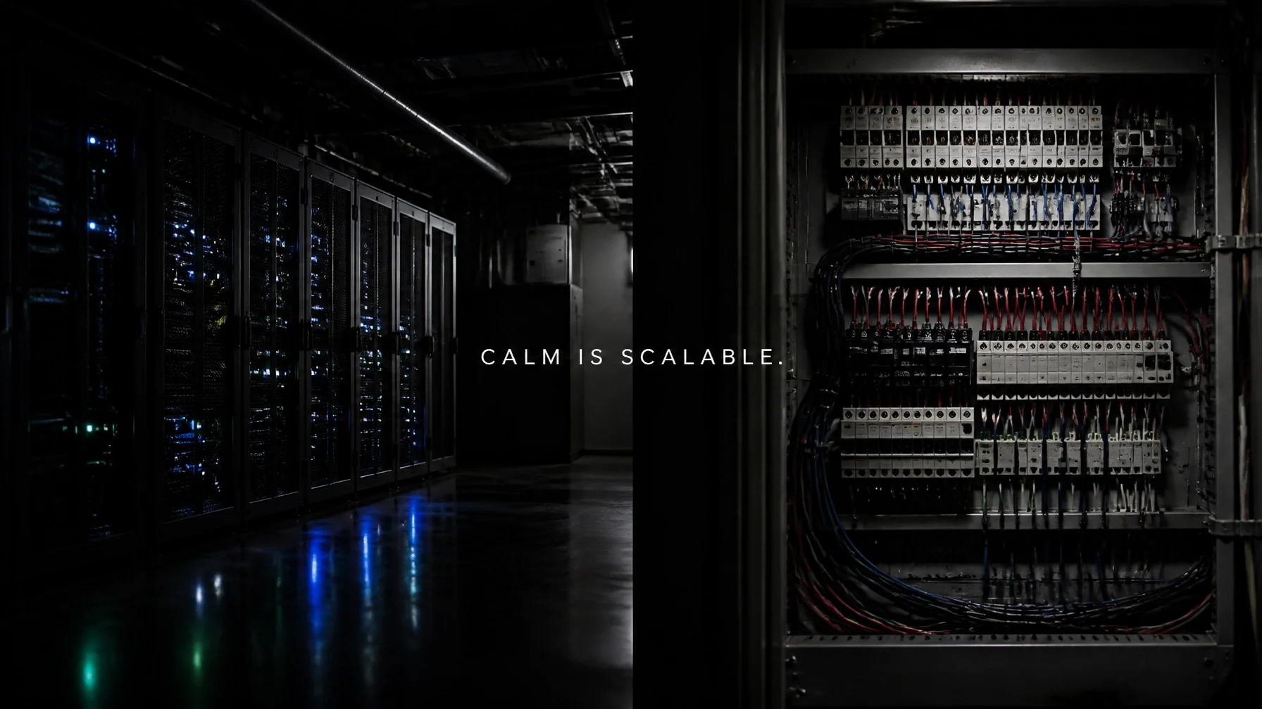 A quiet, dimly lit server room with glowing lights, representing the "guts" of a system, cinematic documentary style.