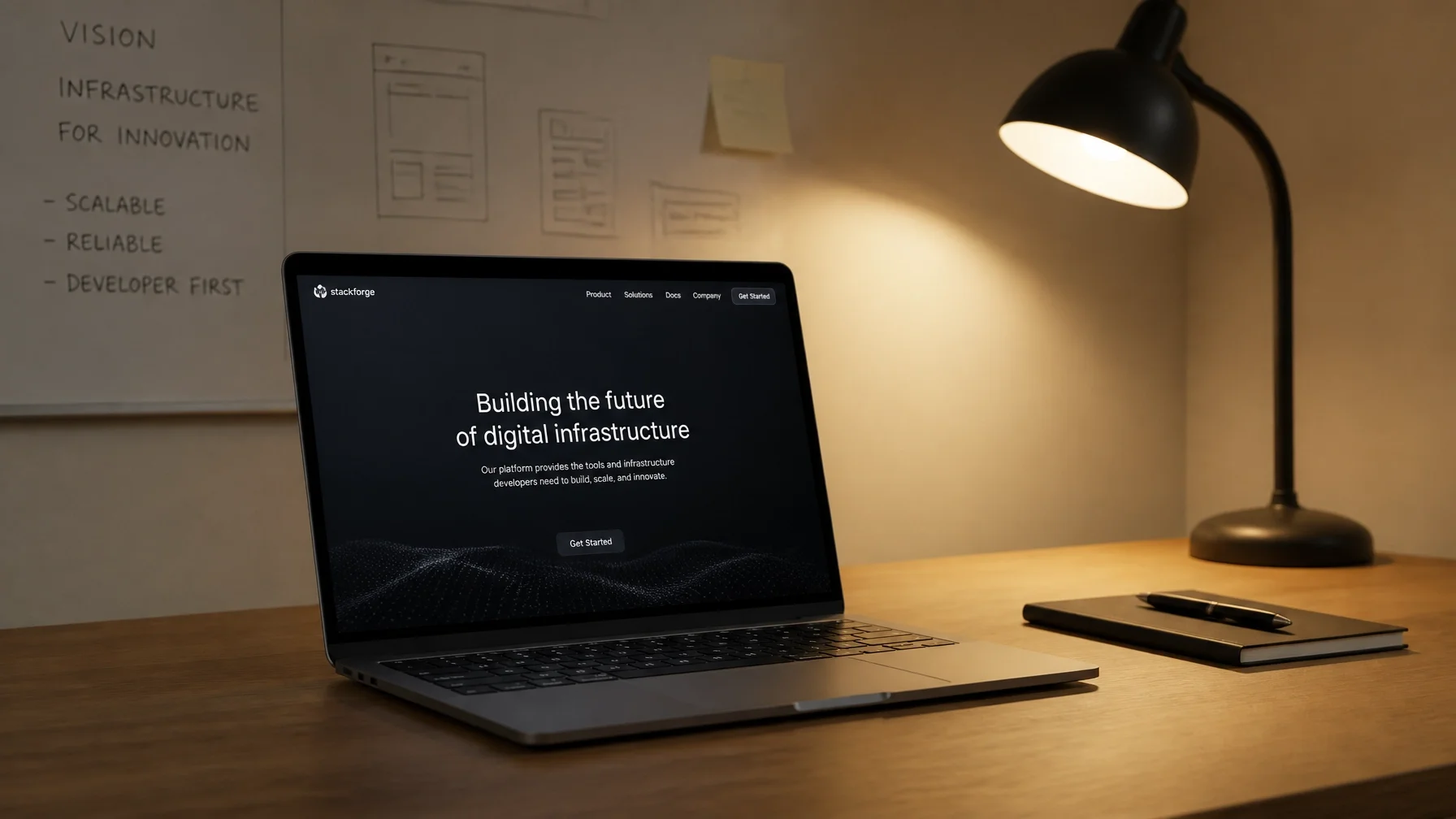 A clean minimalist desk with a single laptop open, warm desk lamp lighting