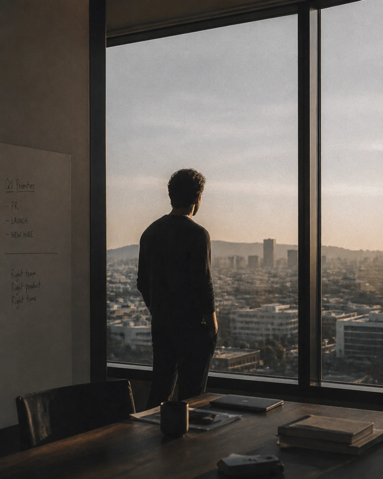 A founder standing by a window, looking out with a sense of quiet clarity. Minimalist, calm, cinematic style.
