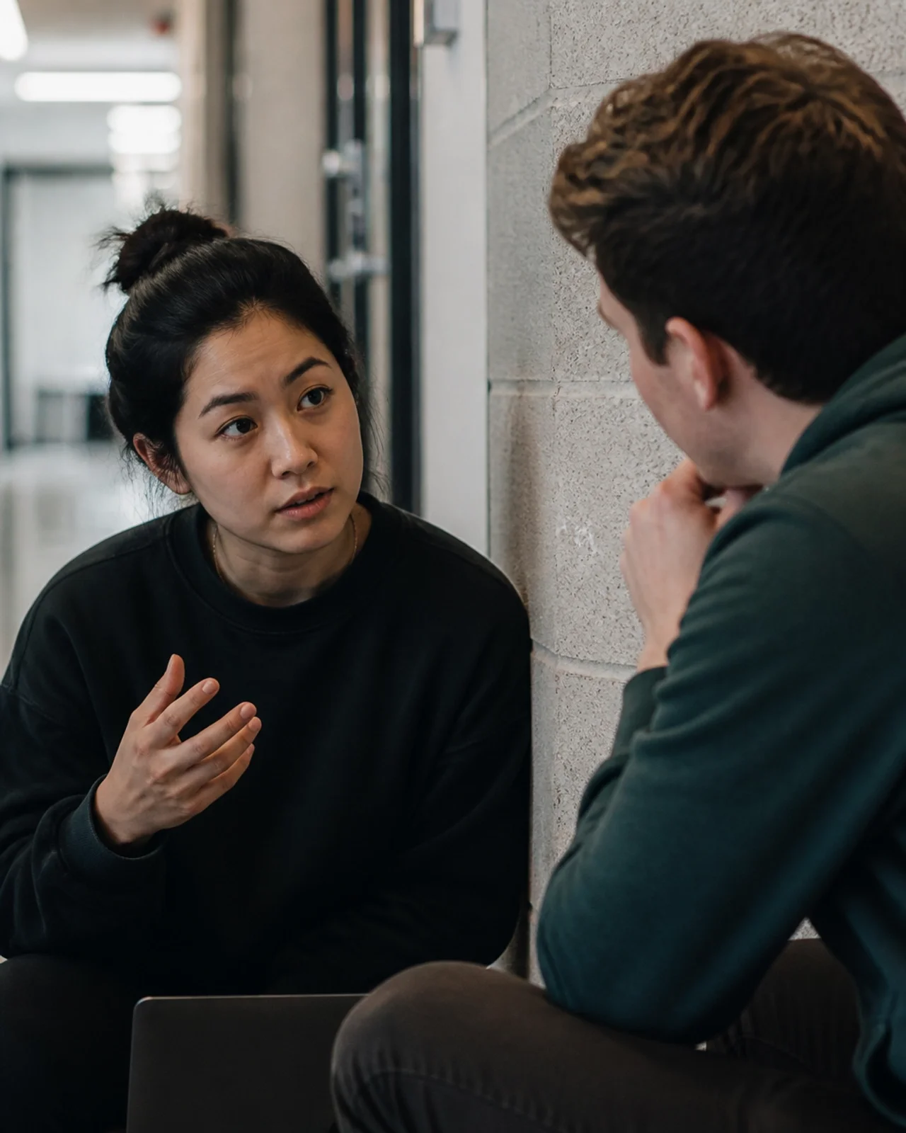 Two startup colleagues having a focused, intense conversation in a hallway corner
