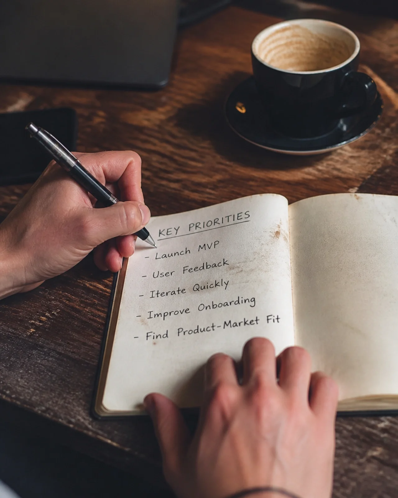 Close up of hands writing key priorities in a worn paper notebook, a cup of coffee nearby