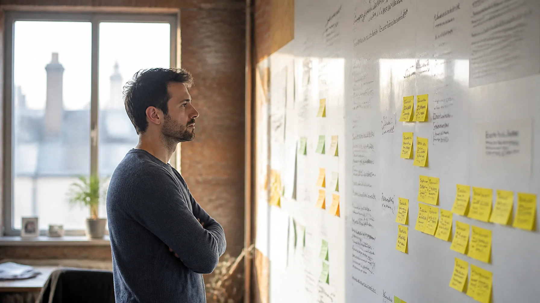 A thoughtful software founder looking at a whiteboard covered in sticky notes in a sunlit loft office