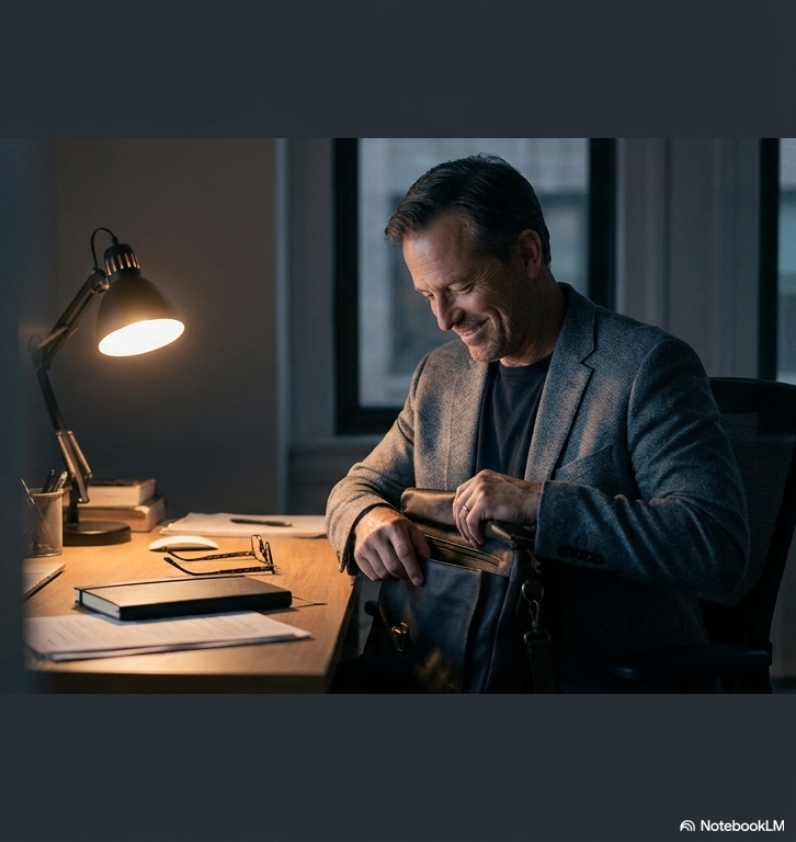 A man in a gray blazer reaching into a black bag on a desk, smiling. The desk has a desk lamp, glasses, notebooks, and papers. The background shows a window with a cityscape view.