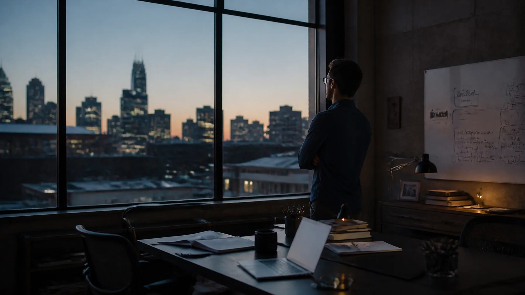 A calm startup office at dusk, someone looking thoughtfully out a large warehouse window