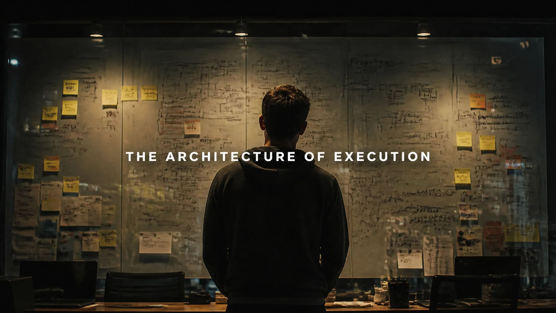 A tech founder in a dimly lit office contemplating a complex whiteboard of architectural drawings, cinematic and gritty documentary style.
