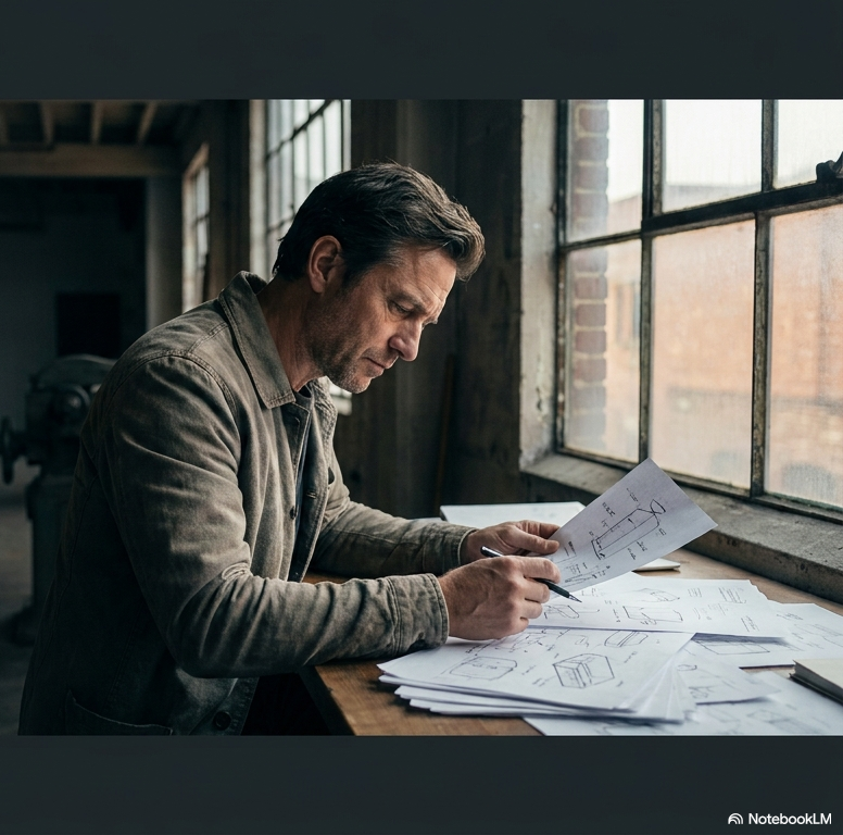Man reviewing architectural blueprints at a desk near a large industrial-style window.
