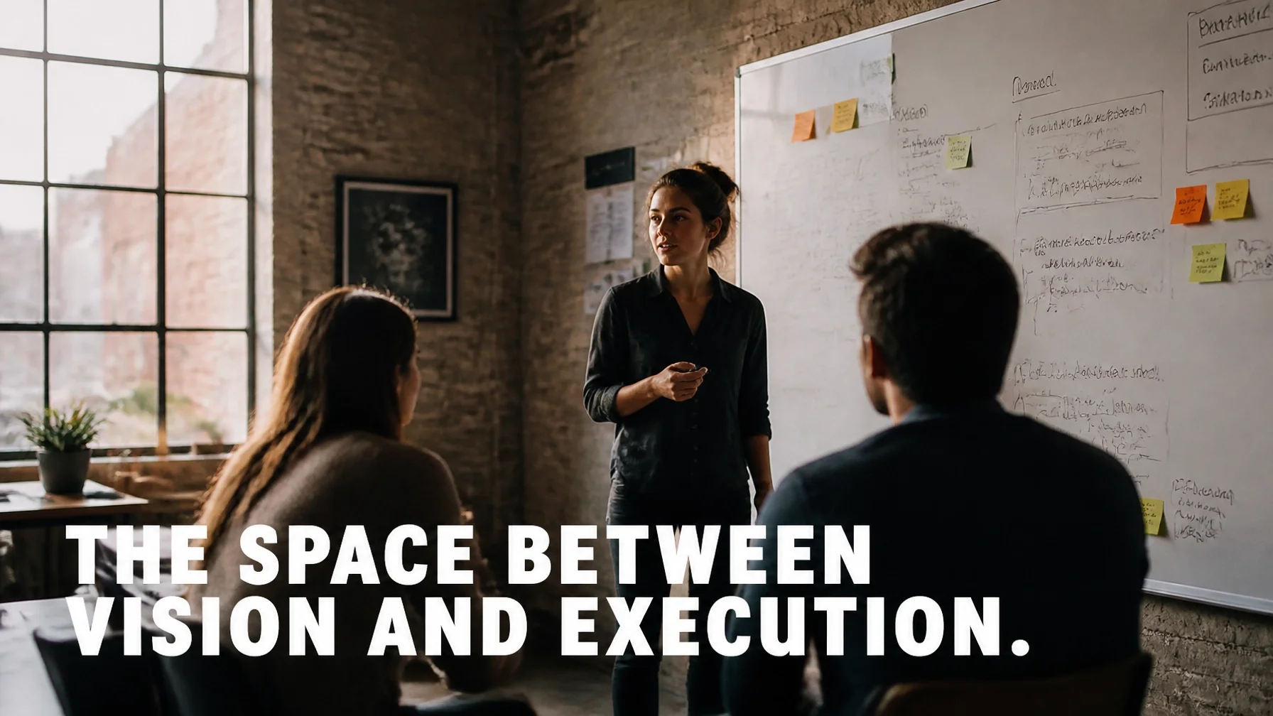 A female leader in a moody office space discussing strategy with her team at a whiteboard