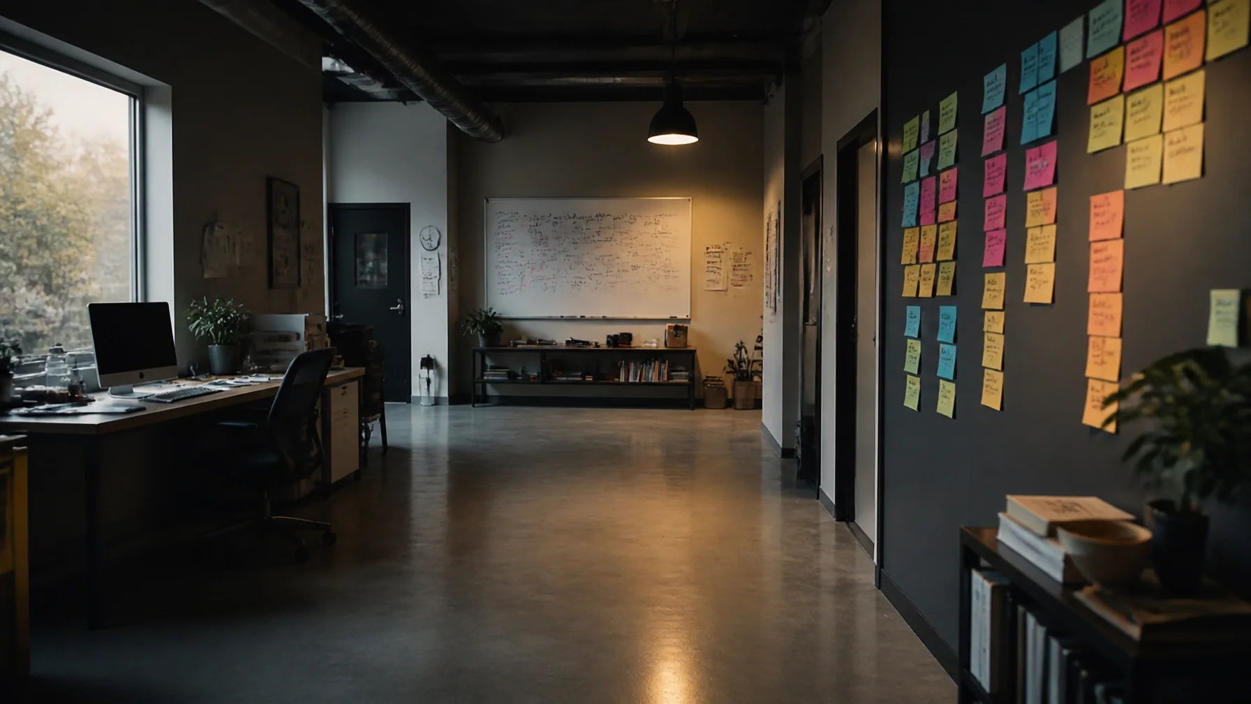 A wide, cinematic shot of a peaceful, empty startup office early in the morning with warm lighting.