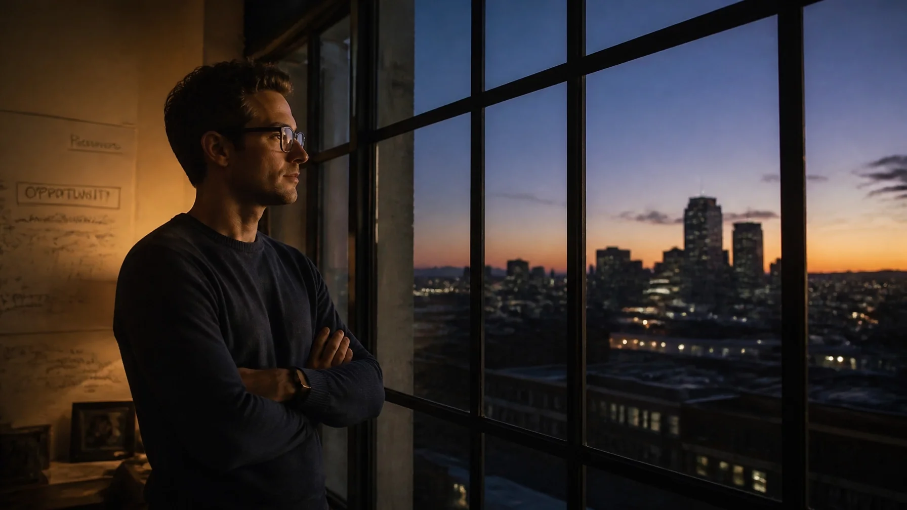 A founder looking out a large industrial window into a quiet city at twilight, showing calm confidence
