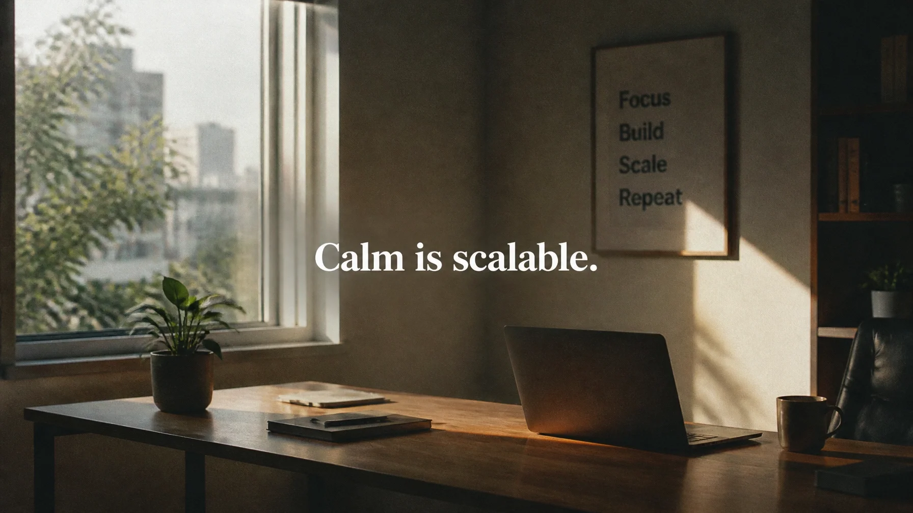 A quiet, peaceful office morning shot with sunlight streaming through a window onto a desk, grainy film texture. Text overlay: "Calm is scalable."
