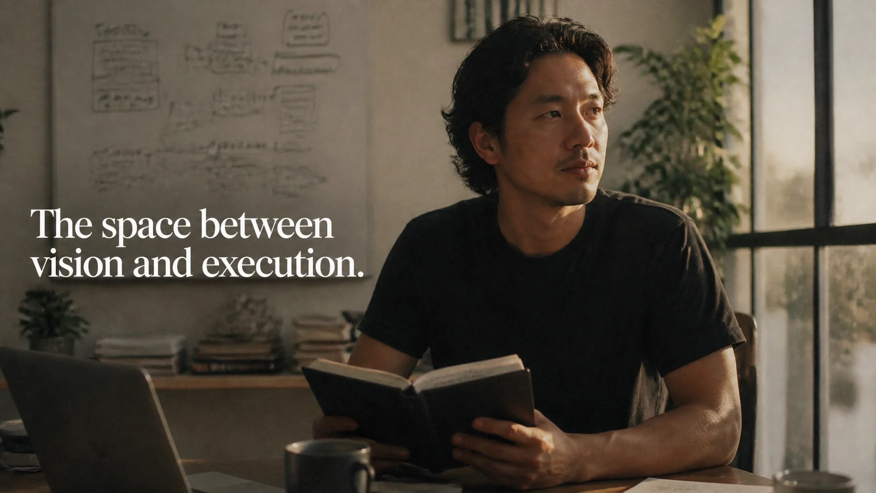 A startup founder sitting in a calm, sun-drenched minimalist workspace, looking thoughtfully ahead with a notebook. The image has a grainy, cinematic documentary feel.