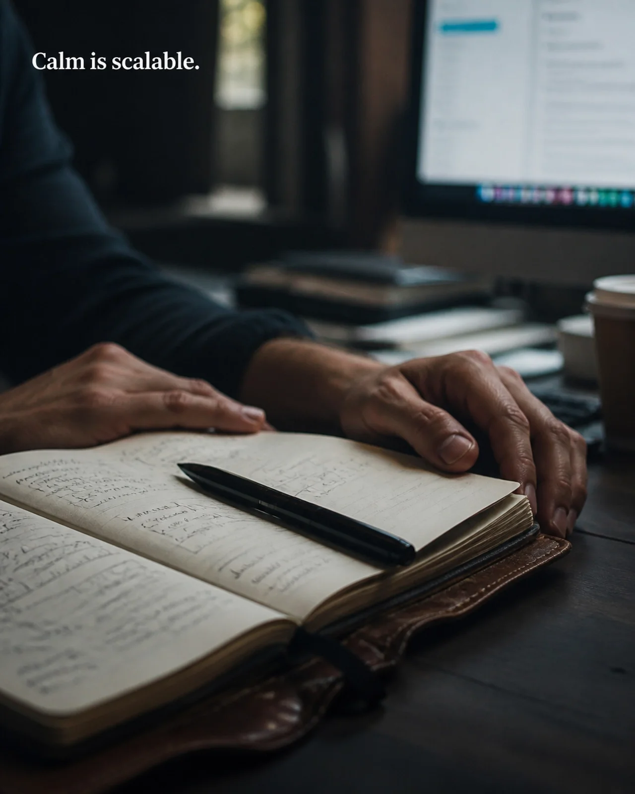 A close-up of hands resting on a leather-bound notebook with a laptop blurred in the background. Text overlay: 'Calm is scalable.'