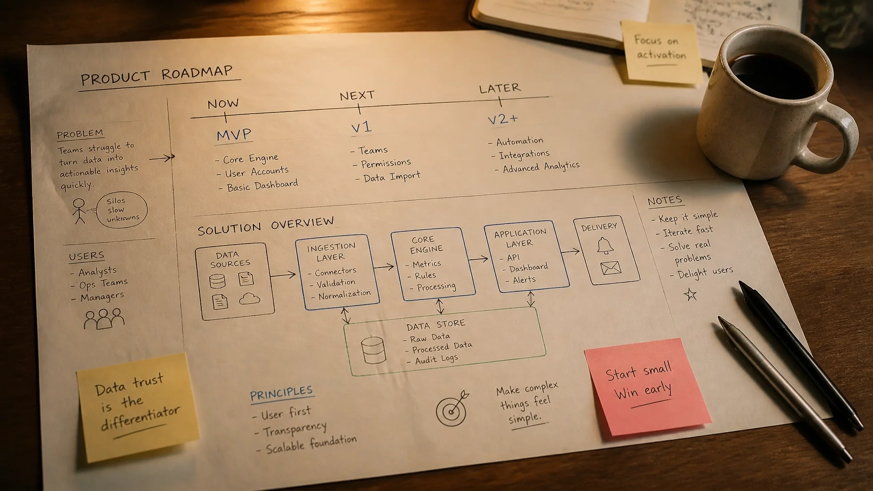 A close-up shot of a clean but lived-in product roadmap or architectural sketch with hand-drawn notes and sticky notes, grainy and authentic.