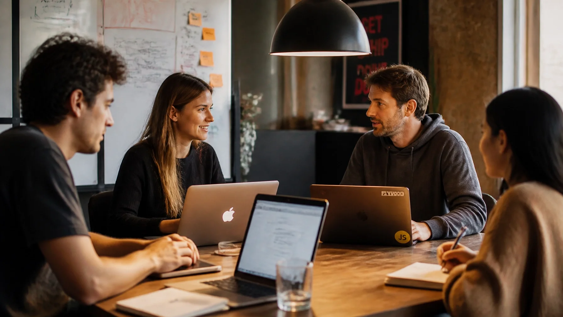 A small product and engineering team collaborating naturally around a wooden table with laptops and notebooks