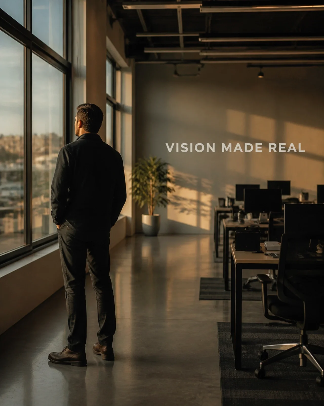 A leader standing in a finished, functional workspace with quiet satisfaction, cinematic documentary style.