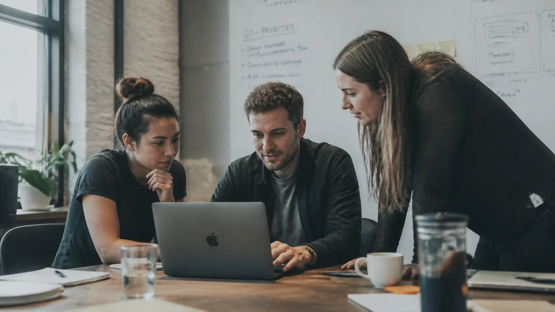 A quiet moment of a small team of three people collaborating around a laptop in a modern startup office, grainy texture, documentary style.