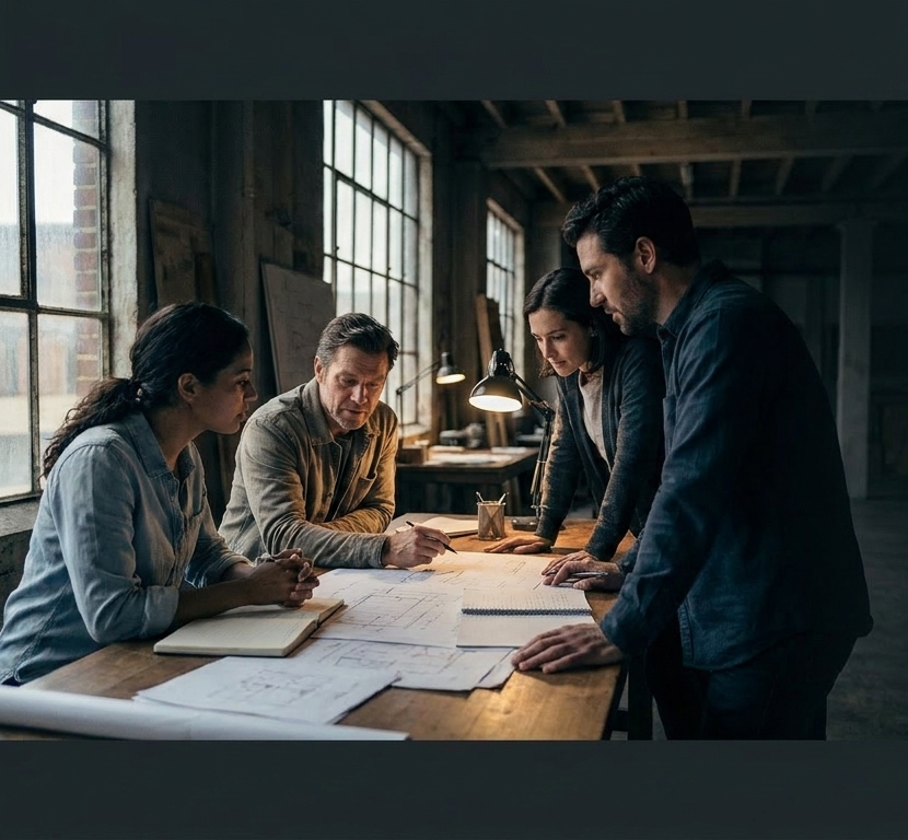 Five people gathered around a wooden table in a rustic, industrial-style room, discussing blueprints or architectural plans, with natural light coming through large industrial windows.