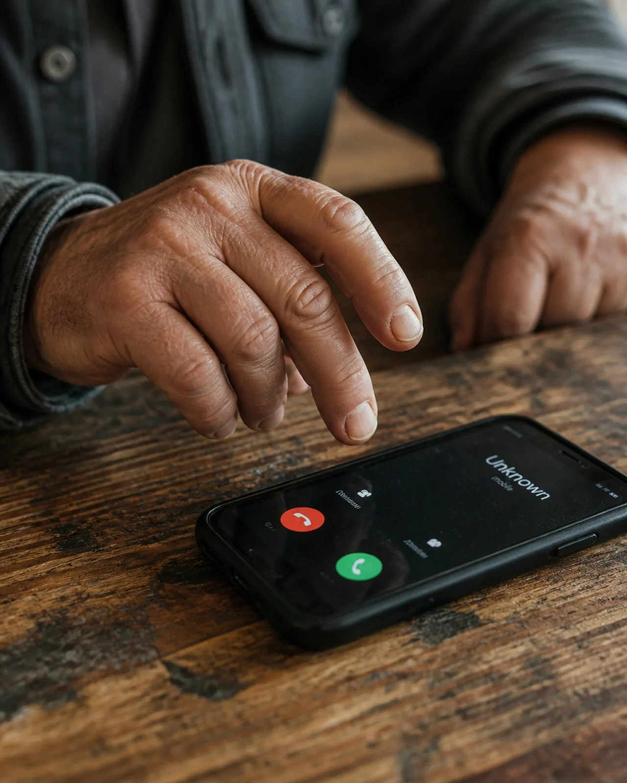 Close-up of a hand pausing before answering a smartphone on a wooden table. Cinematic, documentary style.