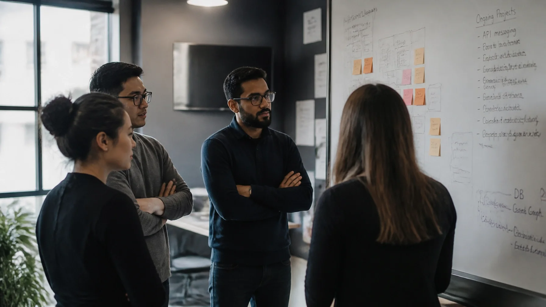 A software team gathered around a whiteboard in a modern tech workspace, looking thoughtful and slightly stuck